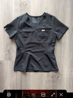 Figs Black V-Neck Scrub Top with Chest Pocket